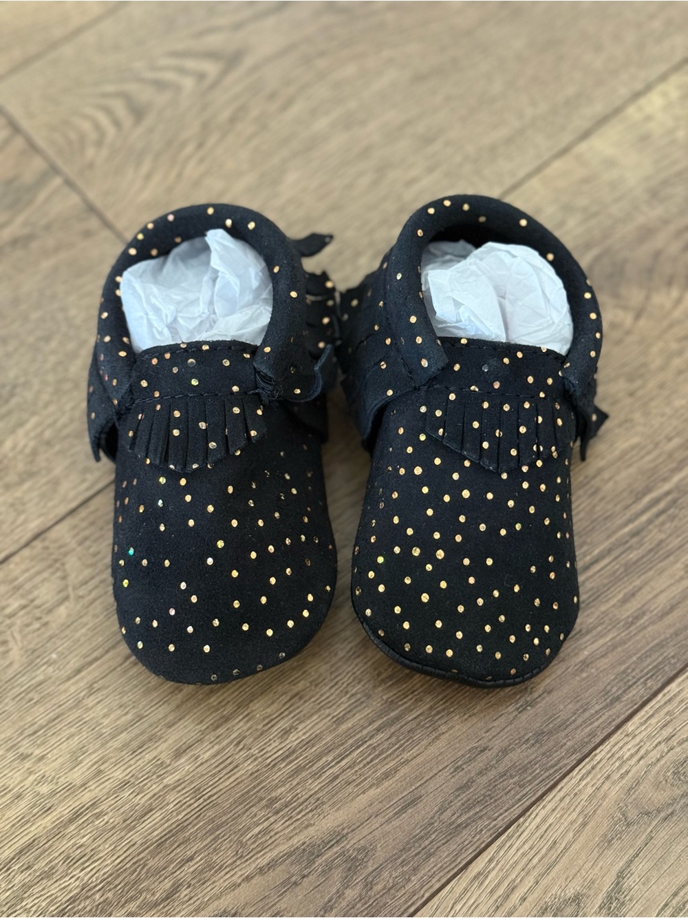 NEW Freshly Picked Black Baby Moccasins with Gold Dots- Genuine Leather